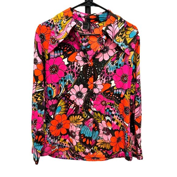 Vintage 1970s Jodi Stevens California Floral Butterfly Psychedelic Blouse - Picture 1 of 9